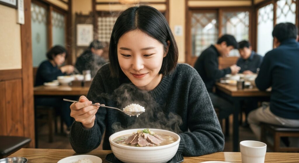 국밥 식당 중간에서 사발에 담긴 돼지국밥을 먹고있는 외국인 20대 여성