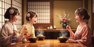 기모노를 입고 호화스러운 식당에서 국밥을 먹으며 수다를 떨고 있는 아름다운 미모의 일본인 10대 여성들