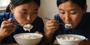 두부가 가득찬 두부로 만든 하얀 국물에 밥을 말아먹는 북한의 아름다운 20대 소녀들