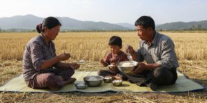 들판에서 된장국에 밥을 말아먹는 북한 농부 가족들