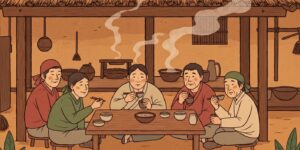 메밀국밥을 먹고 있는 화전민들