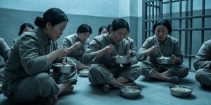 북한의 감옥에서 국밥을 먹고 있는 북한 여자 죄수들