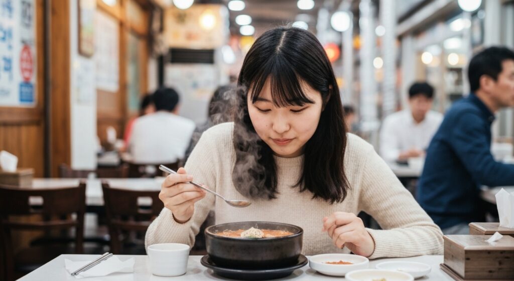 서울의 번화한 식당가에서 국밥을 먹고 있는 아름다운 미모의 일본인 10대 여성관광객