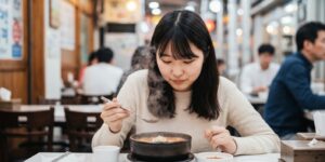 서울의 번화한 식당가에서 국밥을 먹고 있는 아름다운 미모의 일본인 10대 여성관광객