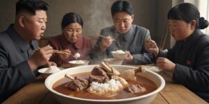 소고기와 닭, 뼈를 함께 고아낸 깊은 국물 위에 밥을 말아먹는 김정은 일가족