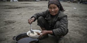 소나무 껍질을 삶은 국물에 밥을 말아먹는 가난하고 헐벗은 북한 40대 아줌마들