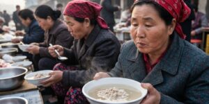 장터에서 명태를 갈아서 만든 맑은 국물에 밥을 말아먹는 북한 여성들